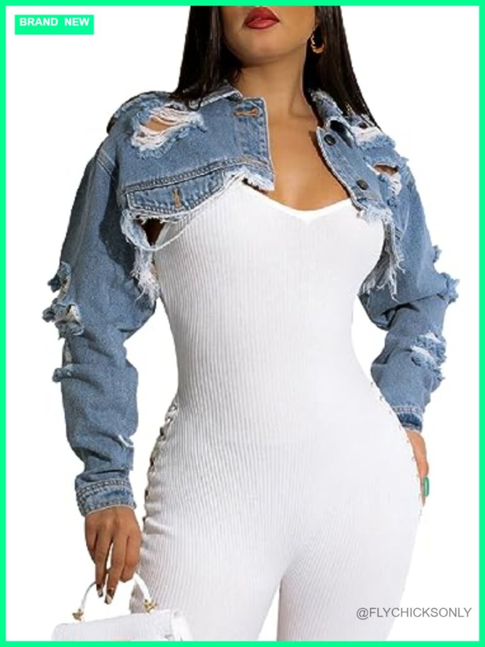 Women's Cropped Distressed Denim Jean Jacket Long Sleeve Button Up Casual Coat
